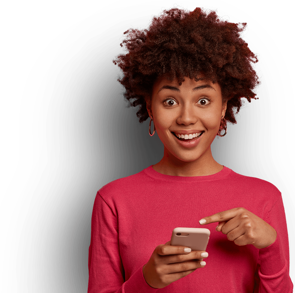 colored woman pointing at phone with excitement