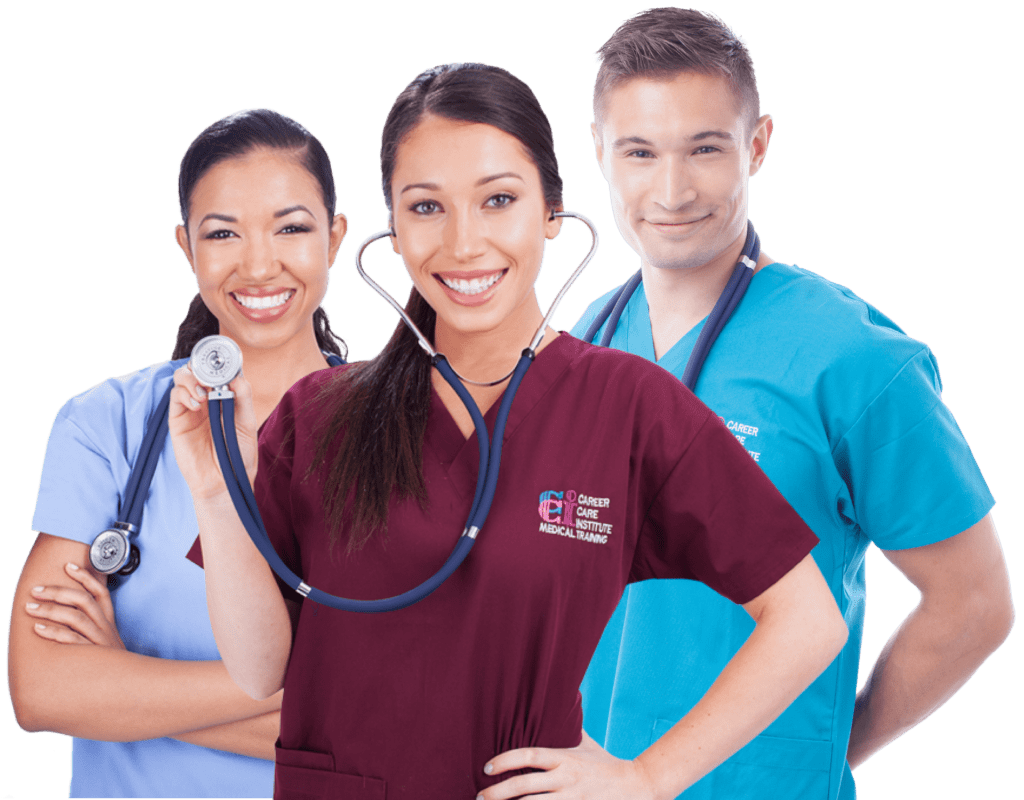 two females and one male in a career care institute uniform